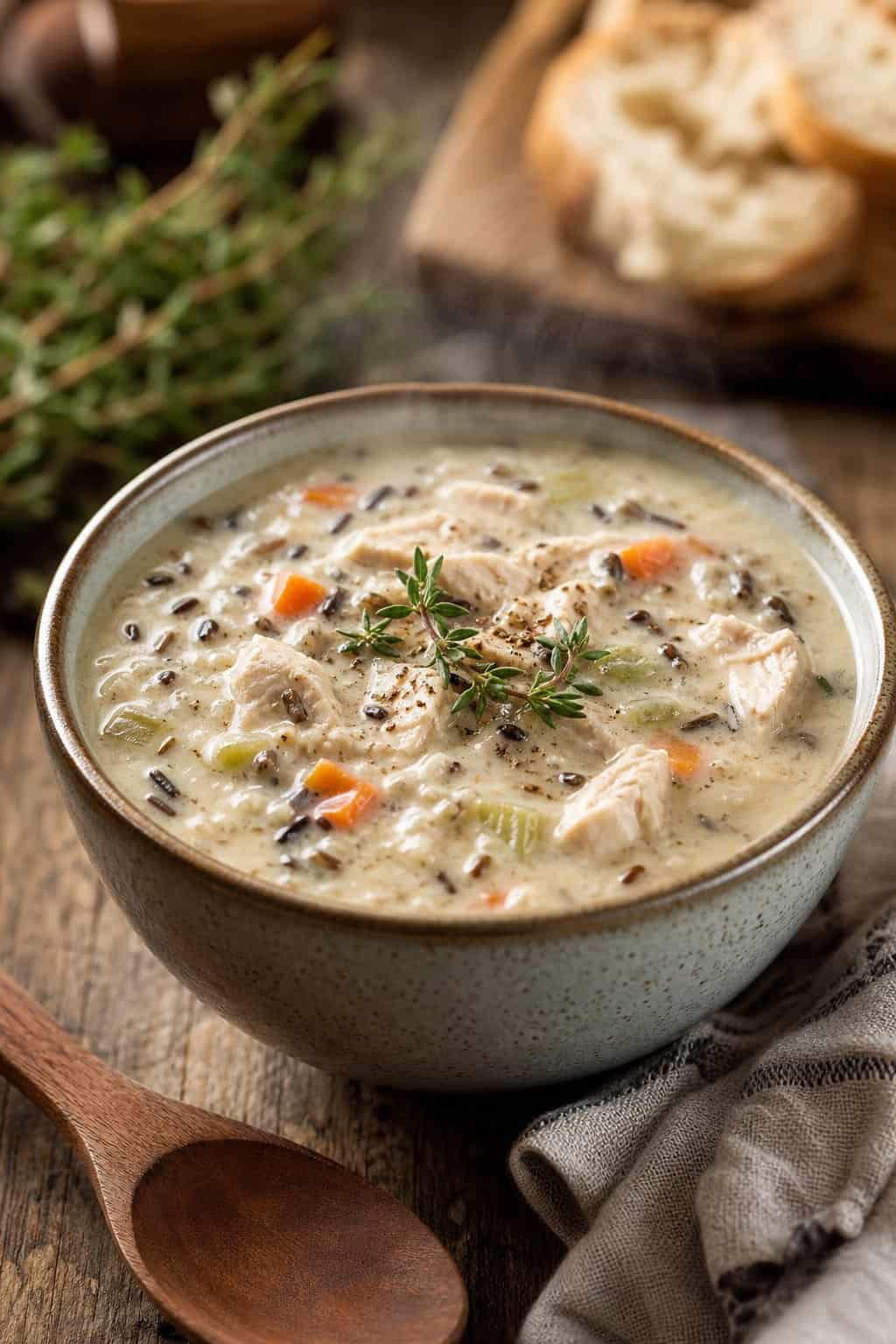 A bowl of creamy chicken and wild rice soup garnished with fresh thyme on a wooden table with a spoon and napkin nearby.