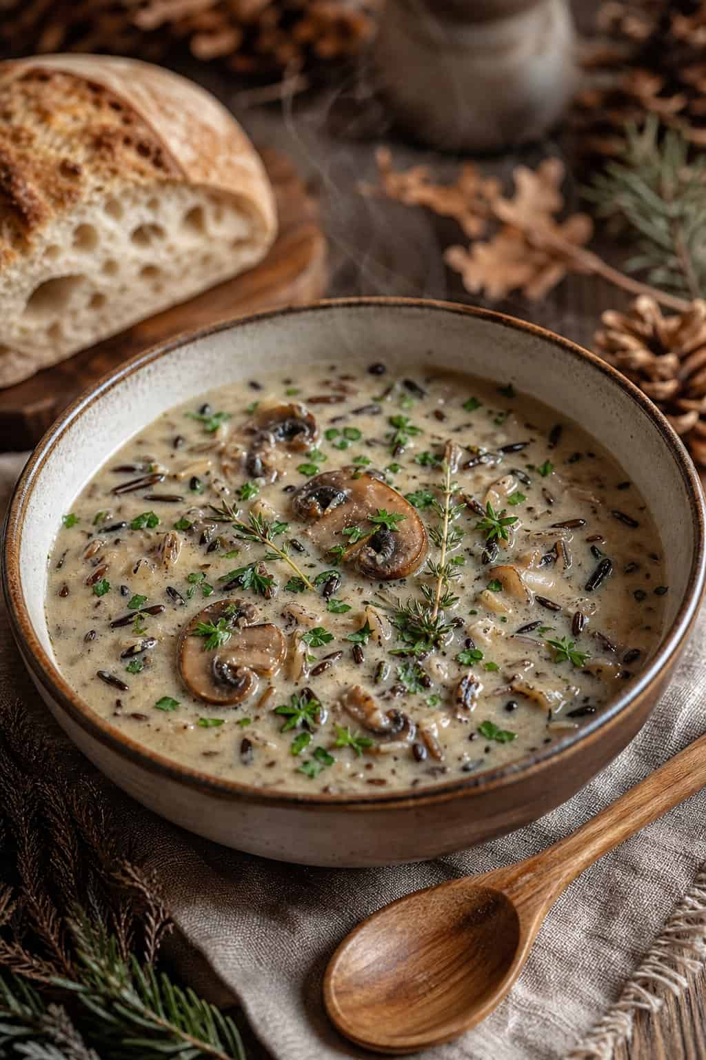 27 Cozy Healthy Soup Recipes for Winter 20 A steaming bowl of creamy mushroom and wild rice soup on a wooden table with fresh herbs and bread nearby.