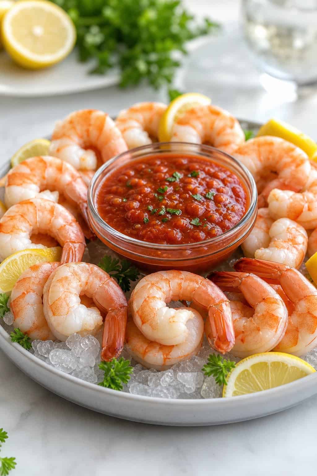 A platter of large tails-on shrimp arranged around a bowl of red cocktail sauce with lemon wedges and parsley on a white surface.