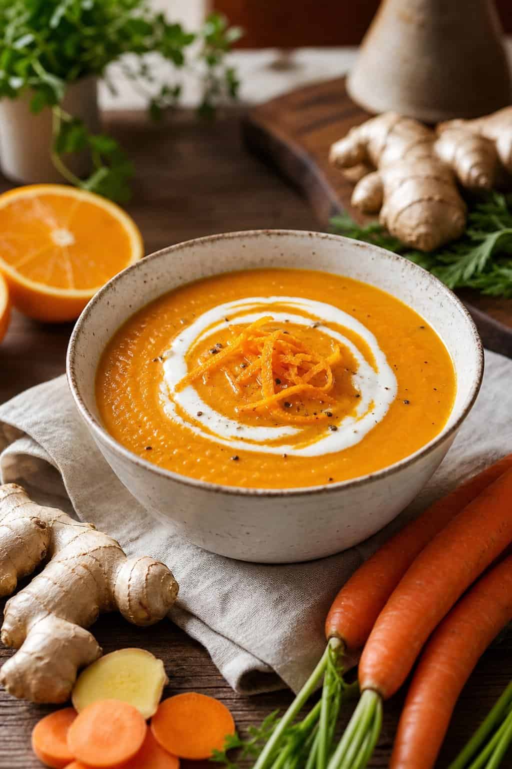 A bowl of ginger-carrot soup topped with yogurt and orange zest, surrounded by fresh carrots, ginger, and orange slices on a wooden table.