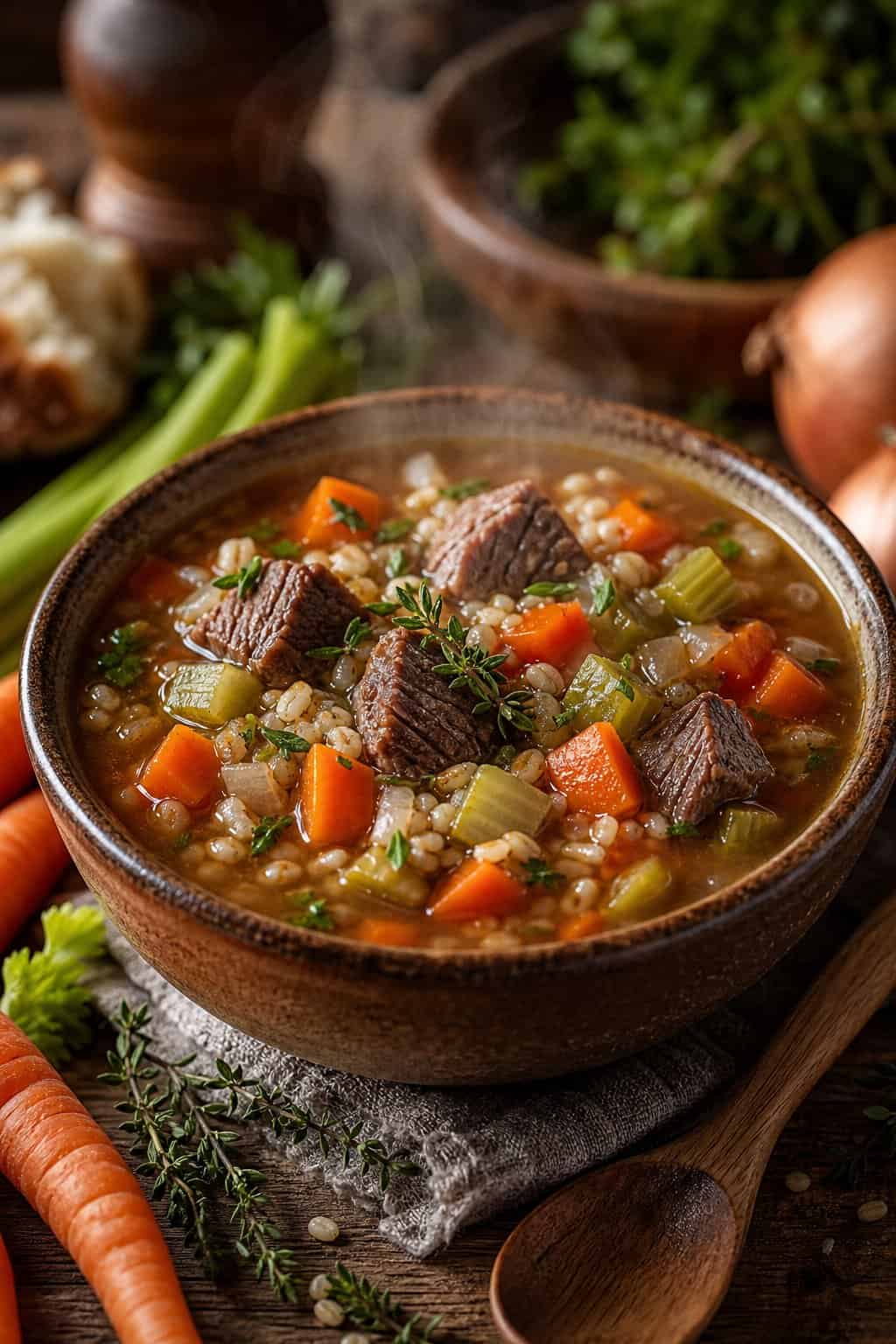 A bowl of steaming beef barley soup with diced vegetables on a wooden table, surrounded by fresh ingredients and a wooden spoon.