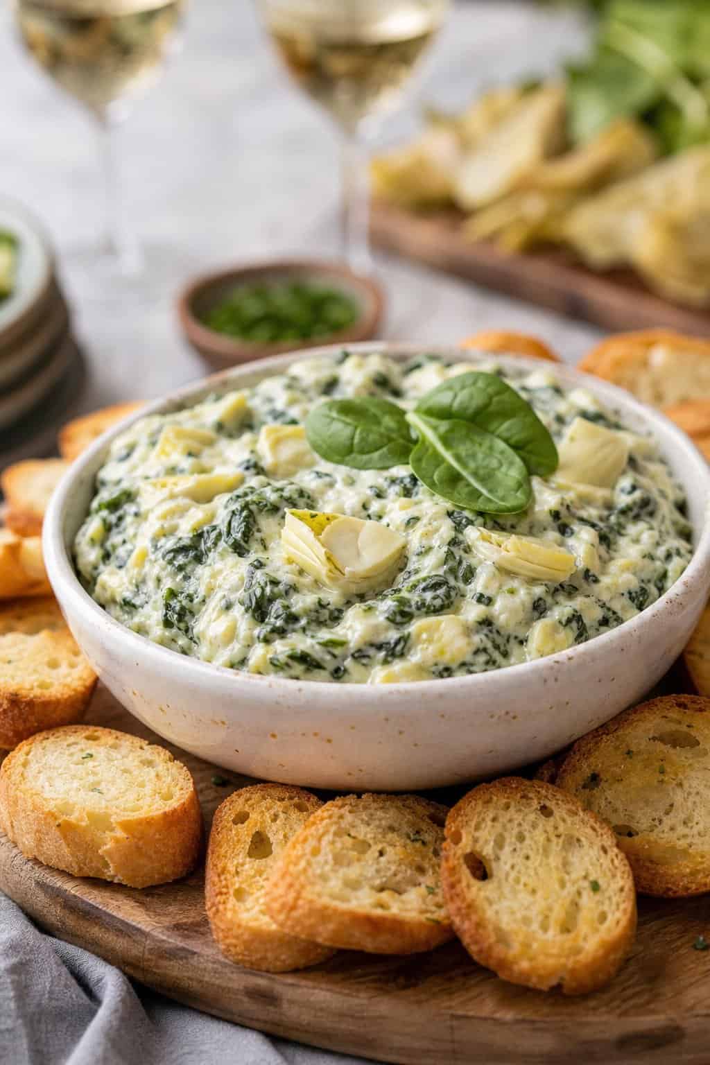 A bowl of spinach artichoke dip with toasted crostini arranged around it on a wooden board.