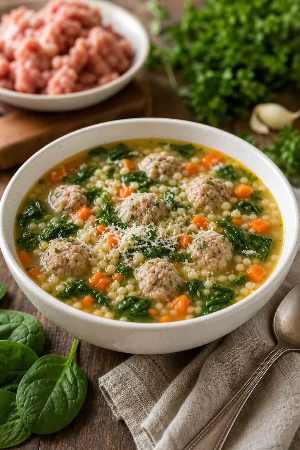 27 Cozy Healthy Soup Recipes for Winter 16 A bowl of Italian wedding soup with mini turkey meatballs, spinach, pasta, and carrots on a wooden table with a spoon and fresh ingredients nearby.