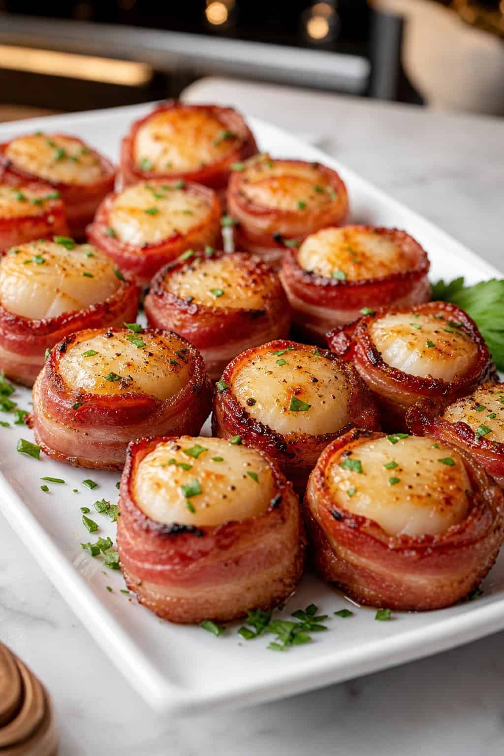A plate of bacon-wrapped scallops arranged on a serving platter, garnished with fresh herbs.