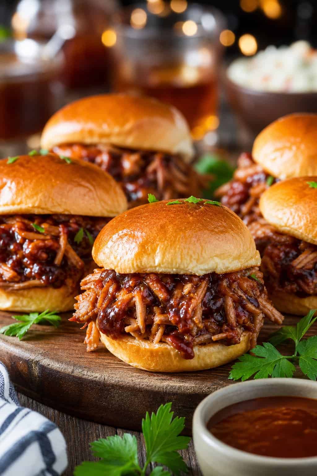 Close-up of pulled pork sliders on potato rolls arranged on a wooden board with herbs and BBQ sauce.