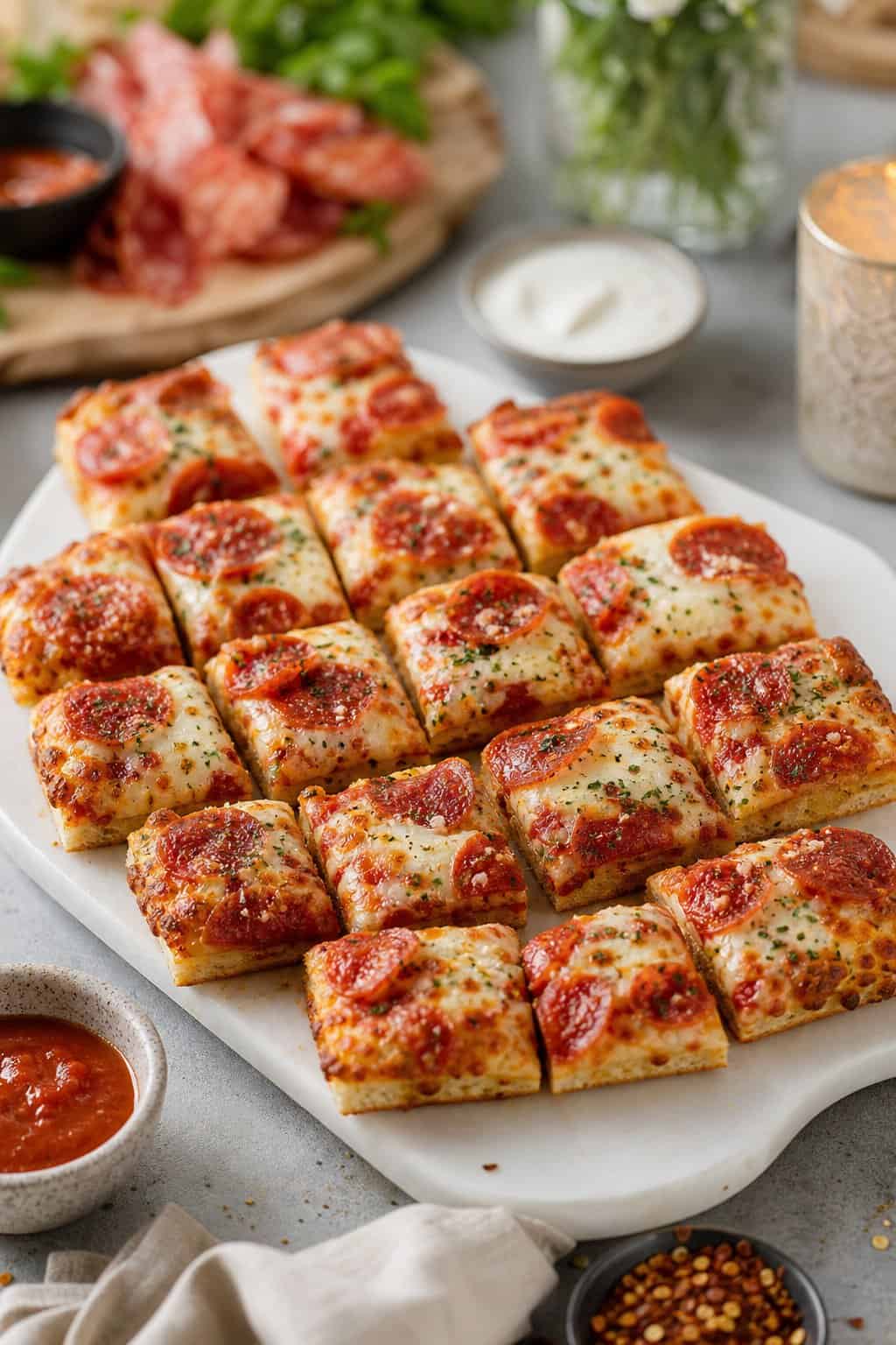 A serving platter with Kirkland frozen pizza cut into small square party bites arranged for a party.