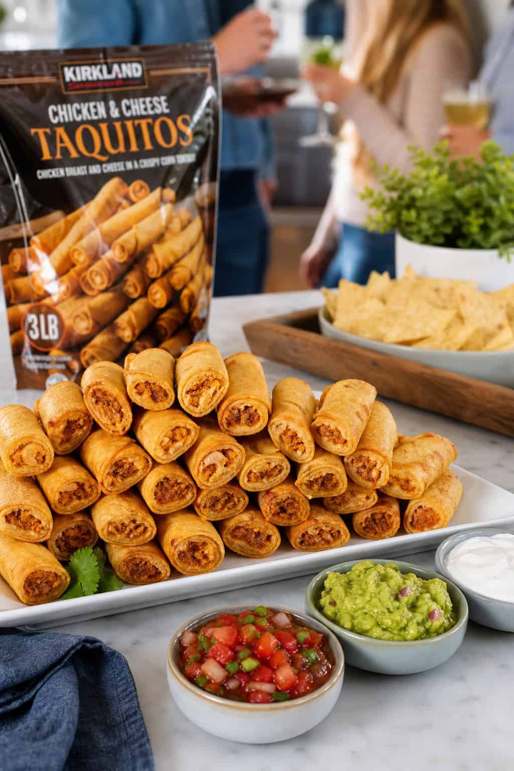 Crisped and sliced Kirkland Frozen Taquitos arranged on a platter with bowls of dipping sauces.