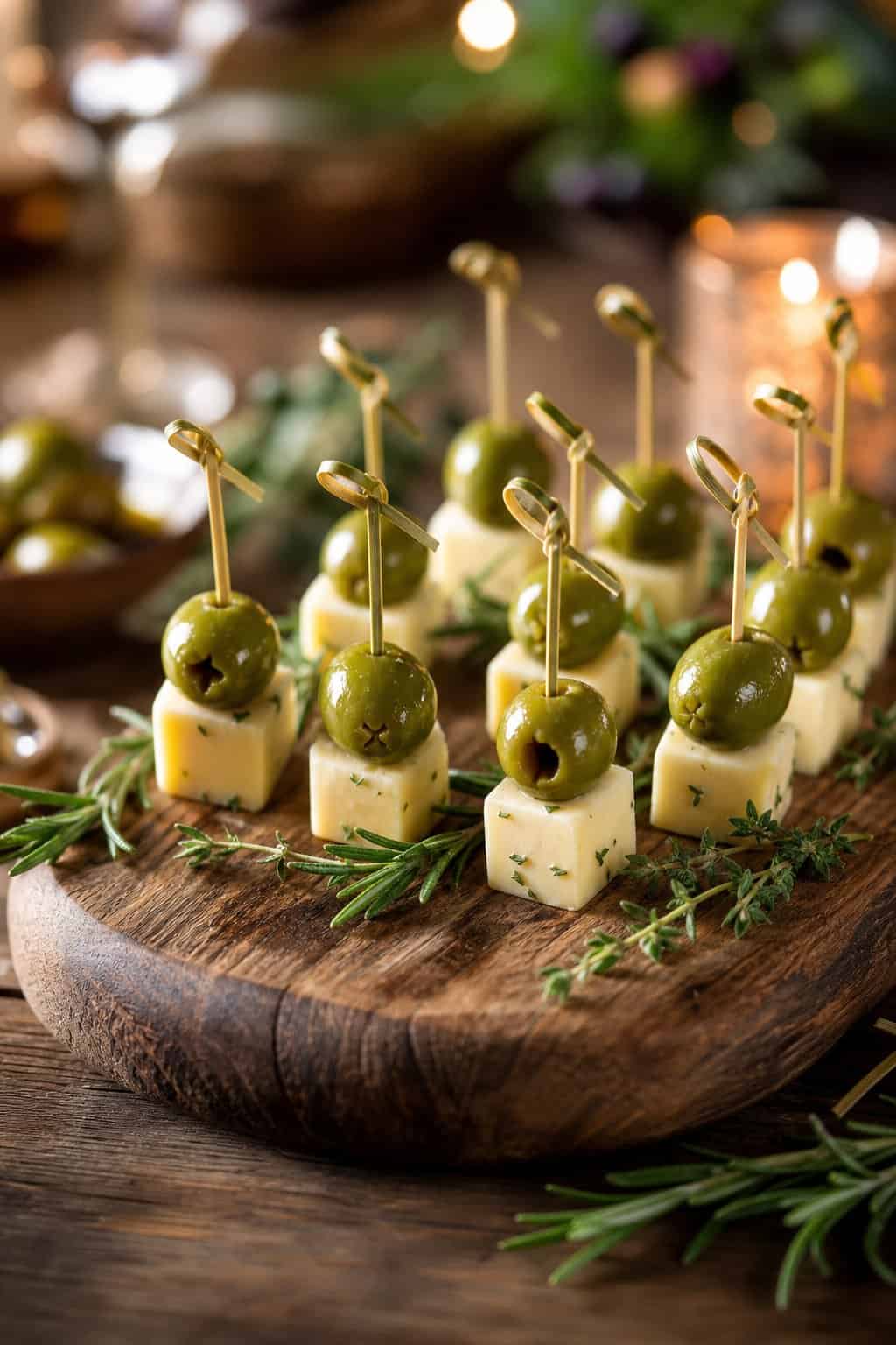 A platter of skewers with green olives and cheese cubes arranged on a wooden board.