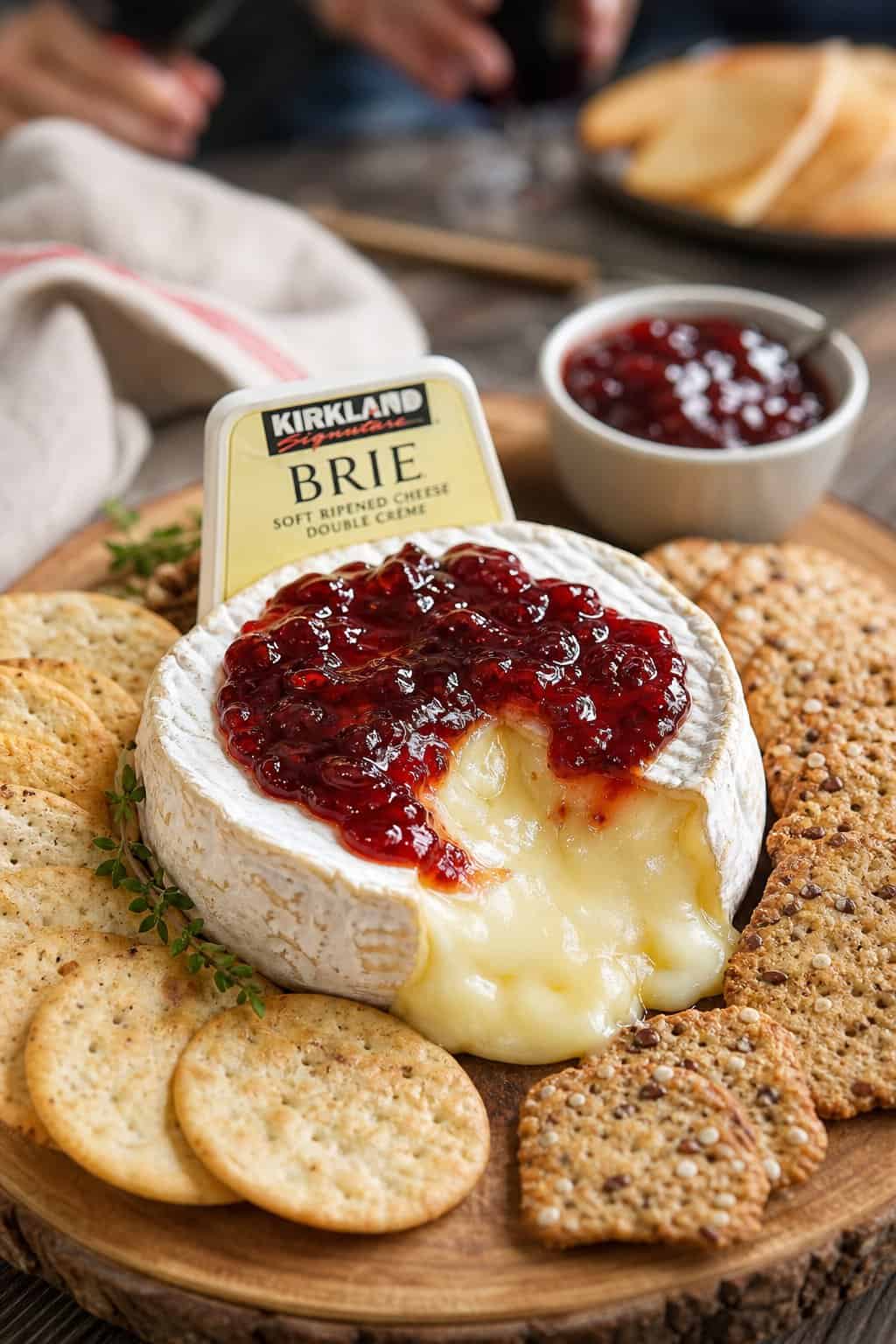 A warm Brie cheese wheel topped with jam on a wooden board surrounded by assorted crackers.