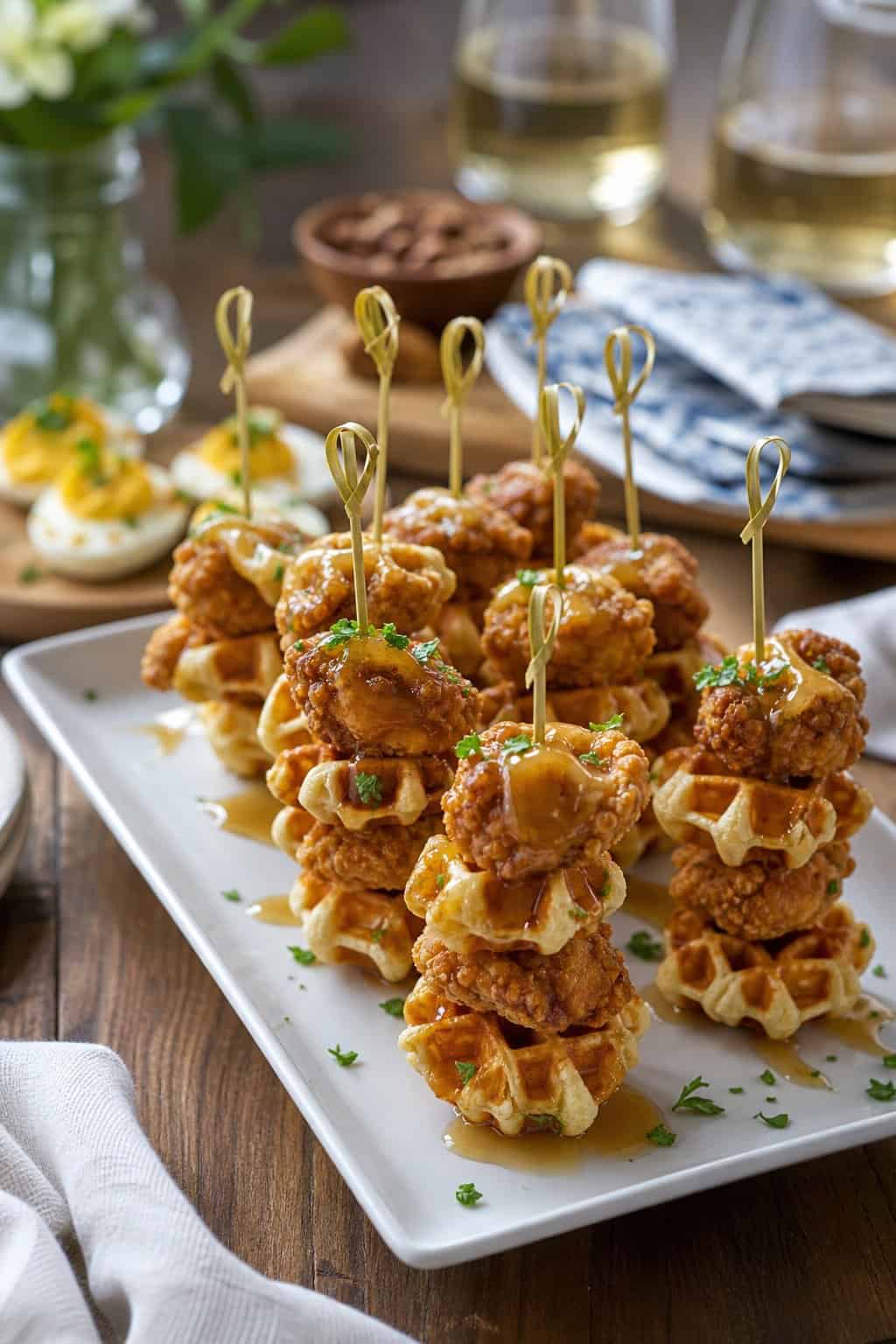 Mini chicken and waffles skewers arranged on a serving platter on a wooden table with a casual party setting in the background.
