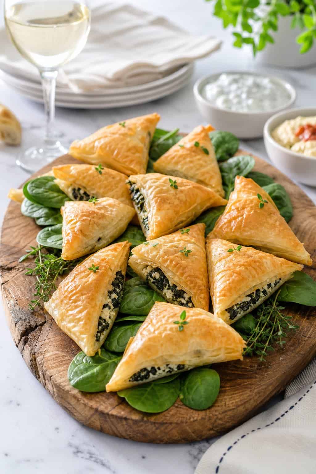 A platter of golden baked spinach and feta phyllo triangles garnished with fresh spinach leaves on a kitchen countertop.
