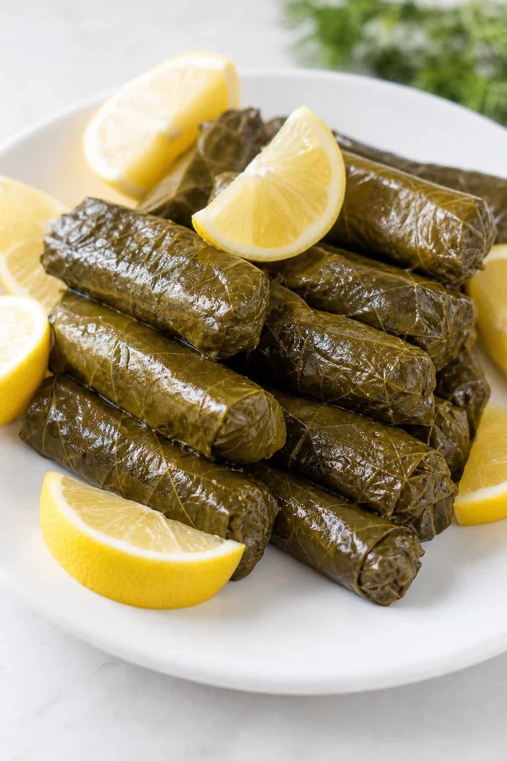 A plate of stuffed grape leaves arranged with lemon wedges on a neutral surface.