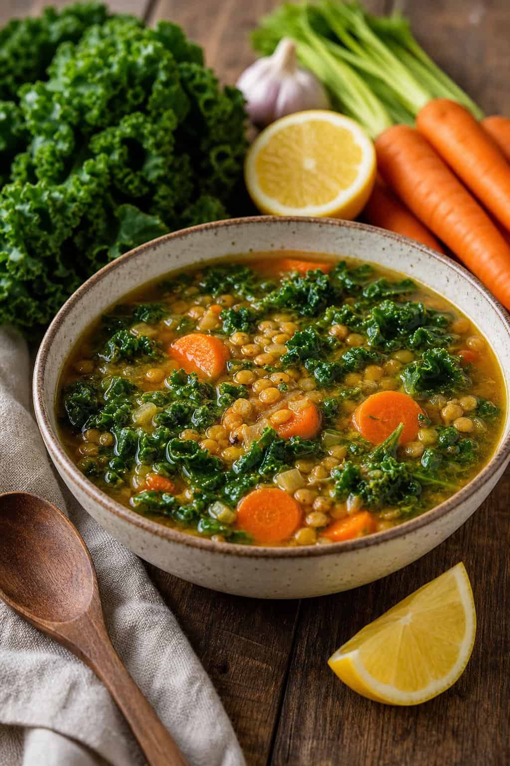 27 Cozy Healthy Soup Recipes for Winter 3 A bowl of lentil, carrot, and kale soup with a lemon wedge on a wooden table surrounded by fresh vegetables and a wooden spoon.