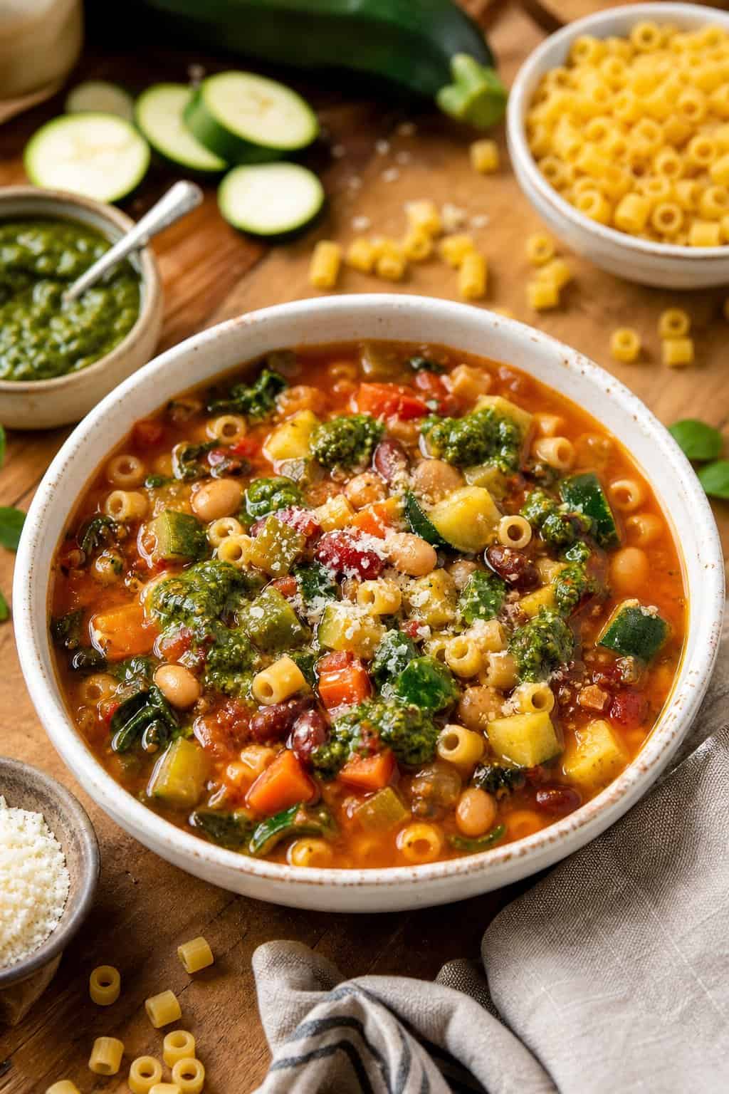 A bowl of minestrone soup with zucchini, pasta, and pesto on a wooden table with fresh ingredients around it.