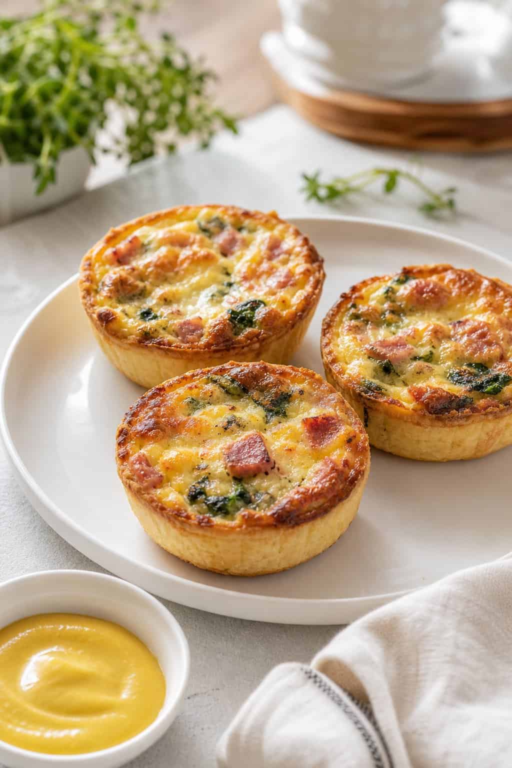 Three mini quiches on a white plate served with a small bowl of mustard on a table.