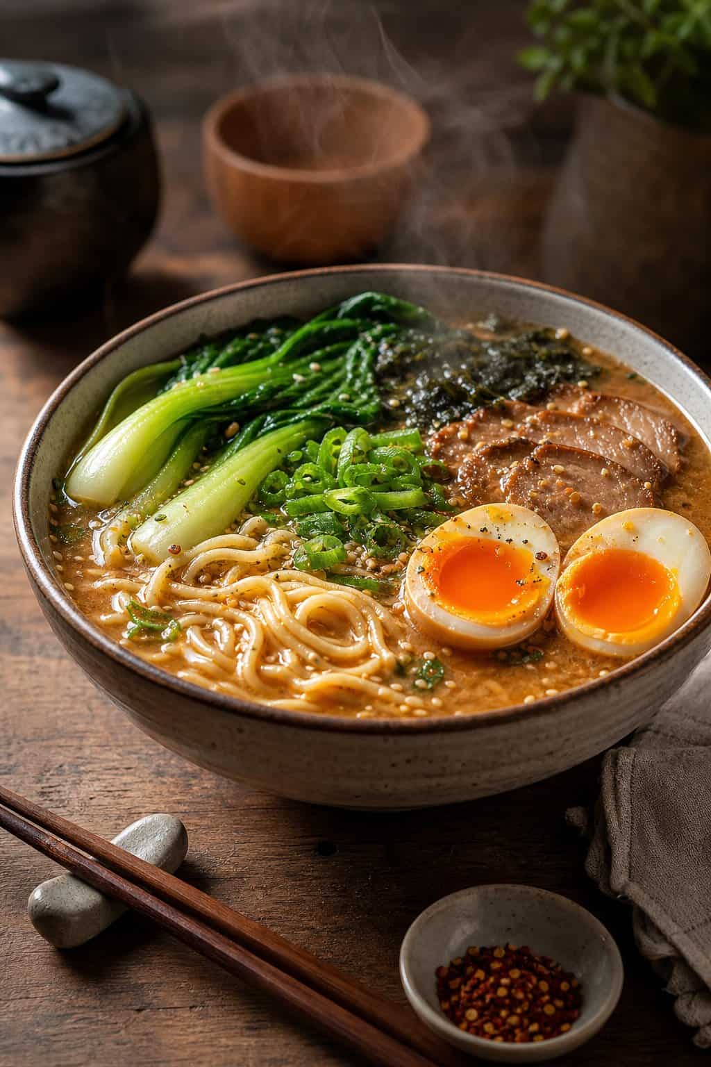 A bowl of miso ramen with soft-boiled eggs and bok choy on a wooden table, with chopsticks and a small dish nearby.
