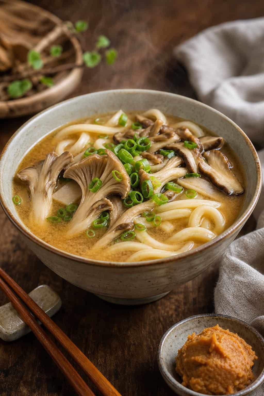 A steaming bowl of oyster mushroom and miso broth with udon noodles on a wooden table, garnished with scallions and mushrooms.