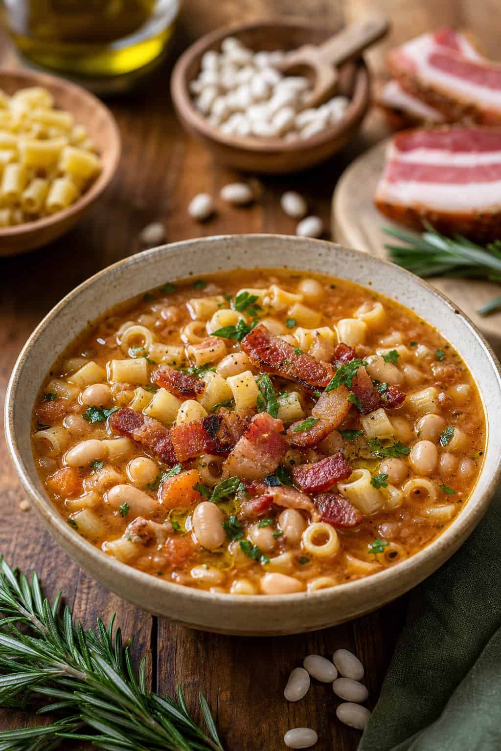 A bowl of Pasta e Fagioli soup with pasta, white beans, and pancetta garnished with herbs on a wooden table surrounded by ingredients.