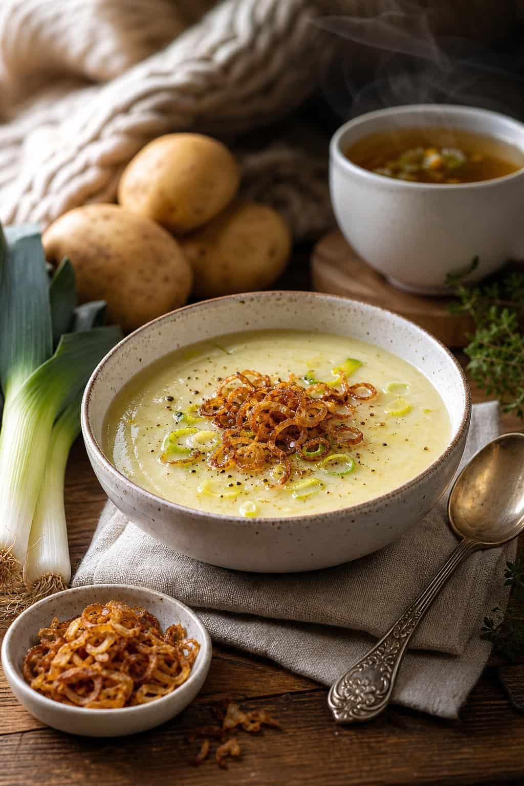 A bowl of creamy potato-leek soup topped with crispy shallots on a wooden table with fresh leeks and potatoes nearby.