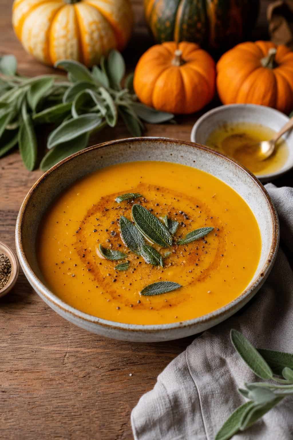A bowl of pumpkin, sage, and brown butter soup garnished with sage leaves on a wooden table with pumpkins and herbs around it.