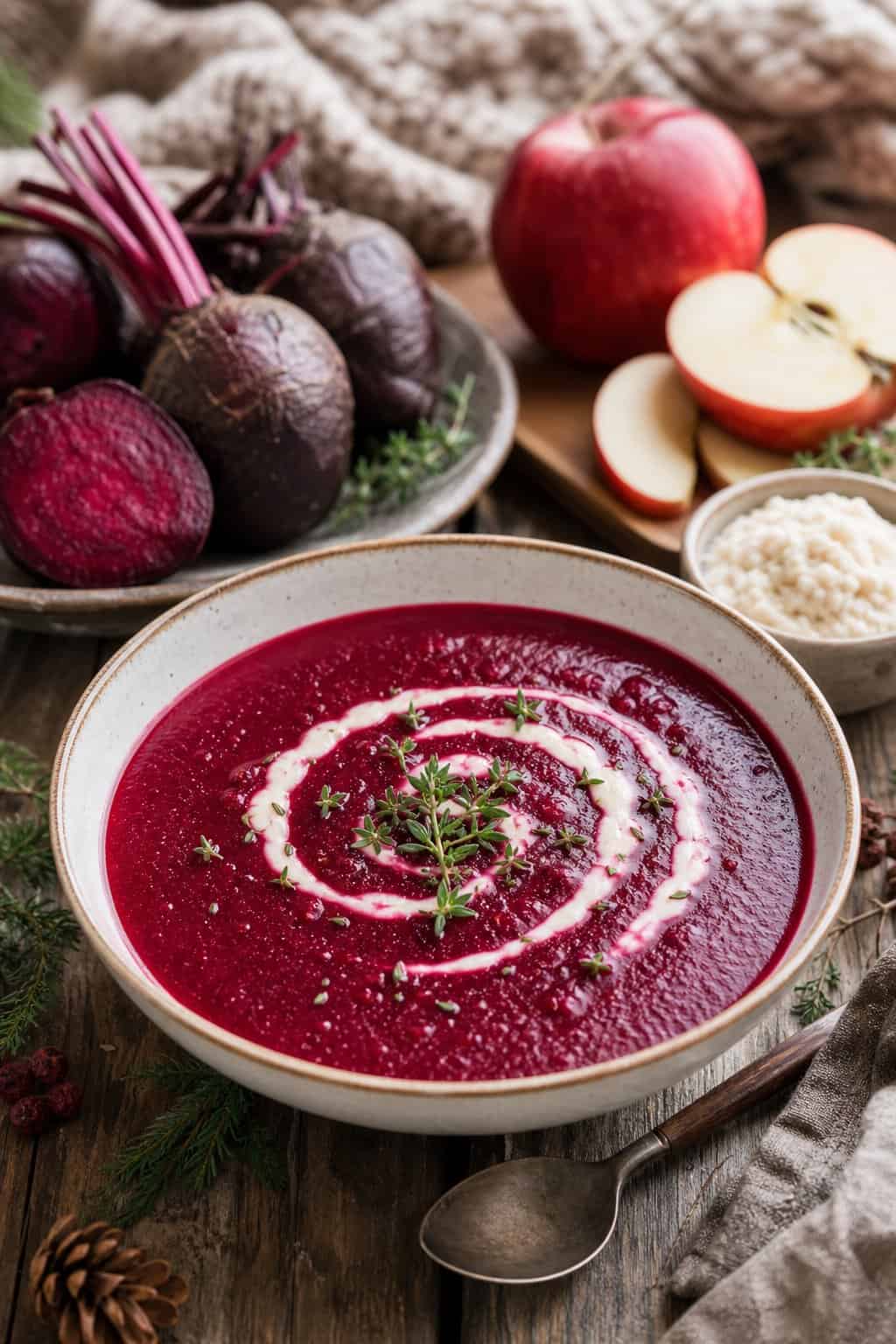 A bowl of roasted beet and apple soup garnished with horseradish sauce and fresh herbs on a wooden table, surrounded by fresh beets, apples, and horseradish.