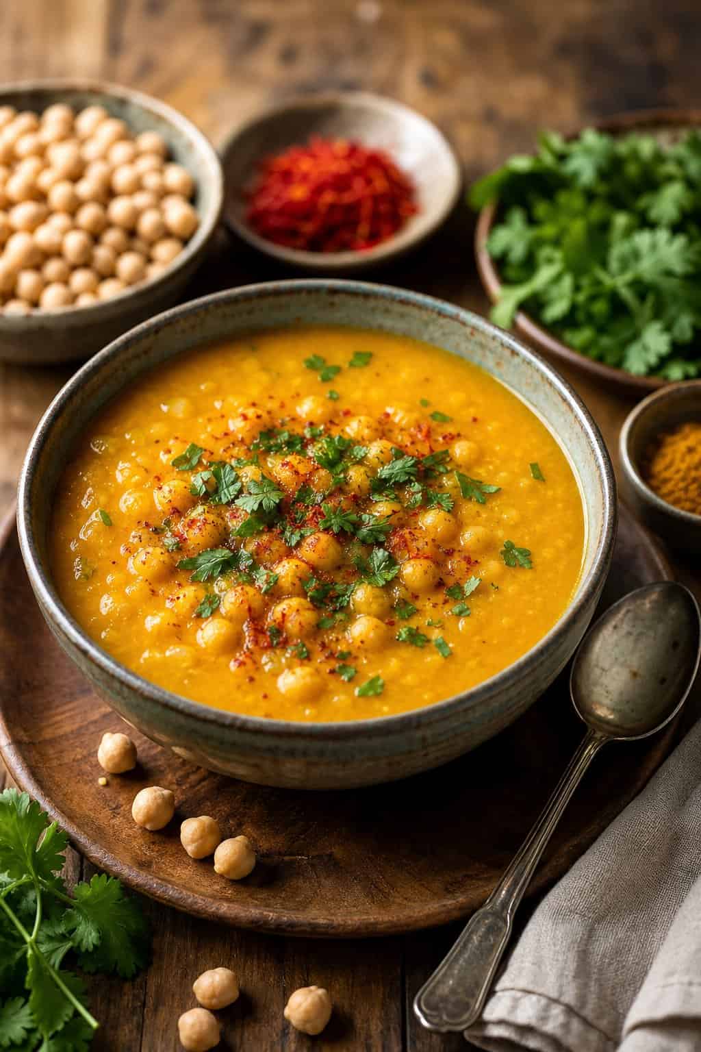 A bowl of saffron and chickpea Moroccan soup garnished with fresh herbs on a wooden table with ingredients and a spoon nearby.
