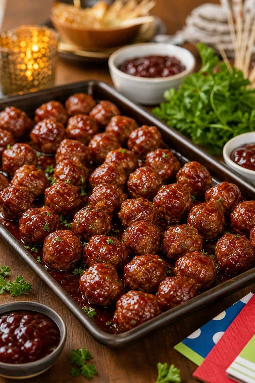 Sheet pan filled with glazed meatballs coated in grape jelly and chili sauce, ready to be served as a party appetizer.