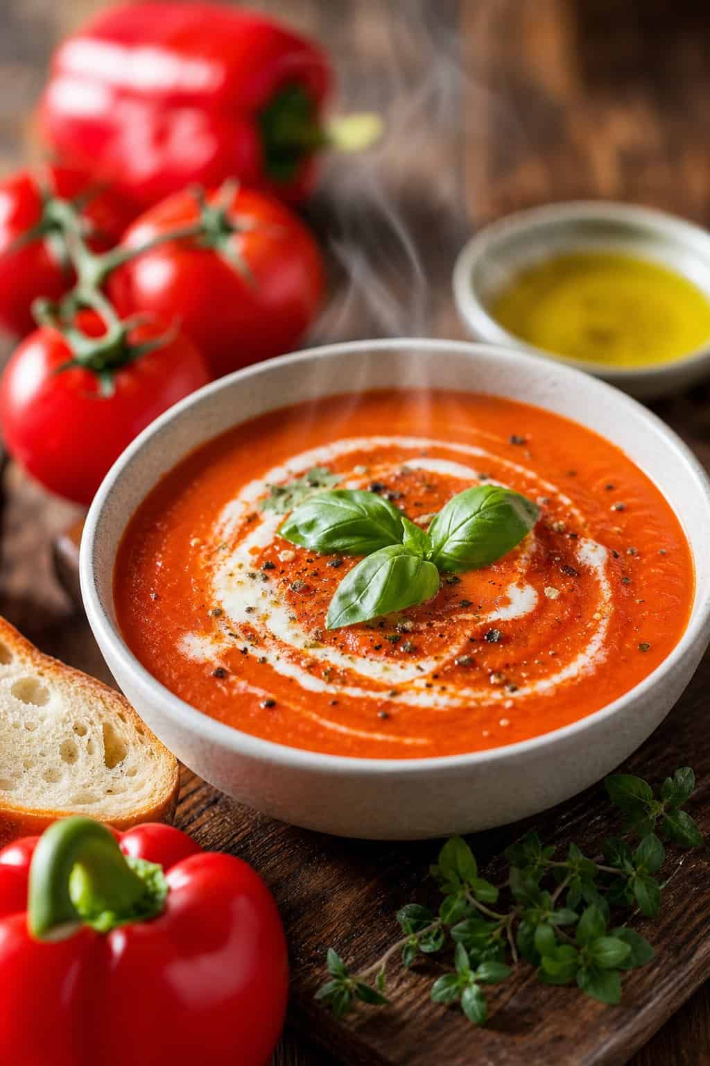 A steaming bowl of smoky roasted red pepper and tomato soup garnished with cream and basil on a wooden table with fresh red peppers and tomatoes nearby.