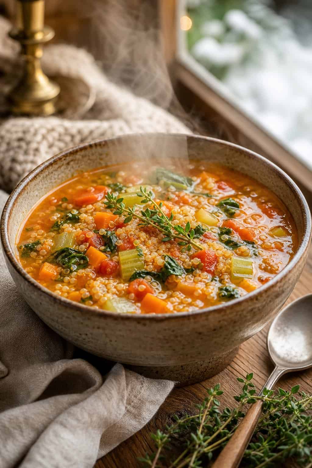 A bowl of spiced quinoa and vegetable soup with visible vegetables and herbs on a wooden table.