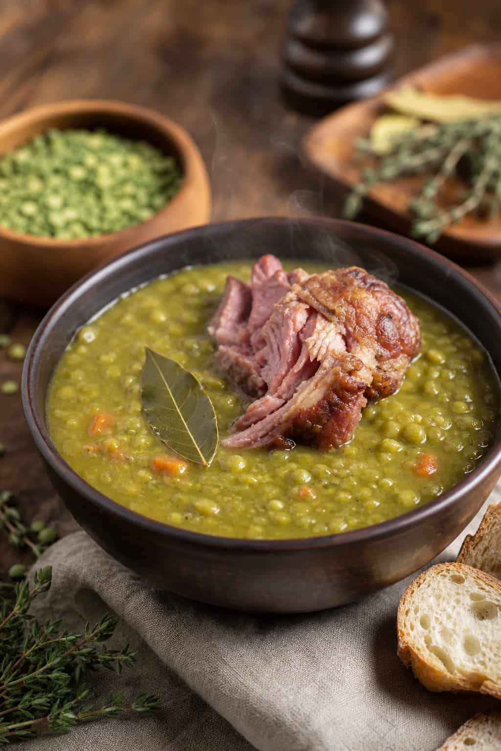 A bowl of split pea soup with a ham hock and bay leaf on a wooden table surrounded by bread and herbs.