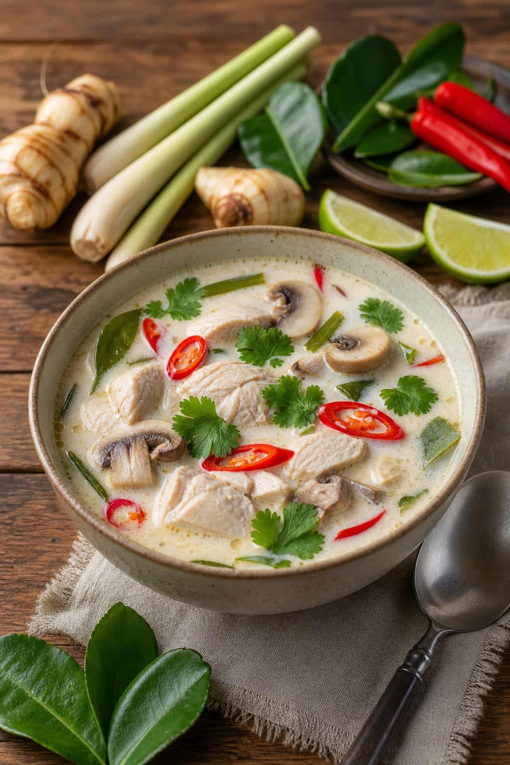 A bowl of Thai coconut chicken soup with chicken, mushrooms, cilantro, and chili on a wooden table surrounded by fresh herbs and ingredients.