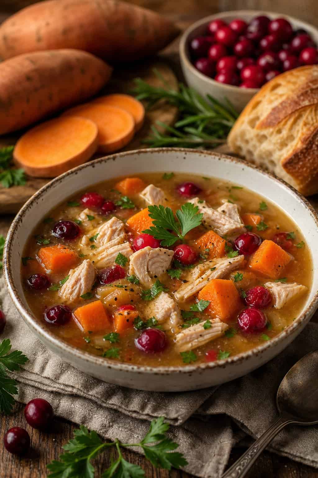 A bowl of turkey, sweet potato, and cranberry soup on a wooden table with fresh ingredients and bread nearby.