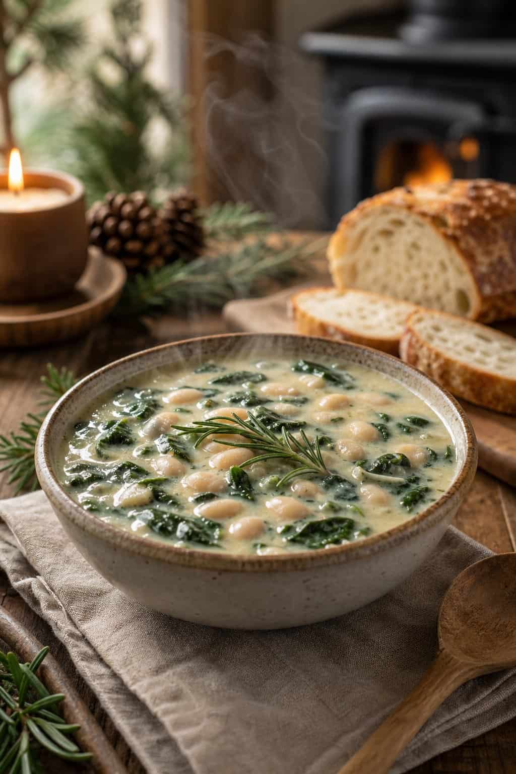 A bowl of white bean, spinach, and rosemary soup on a wooden table with a spoon and bread nearby.