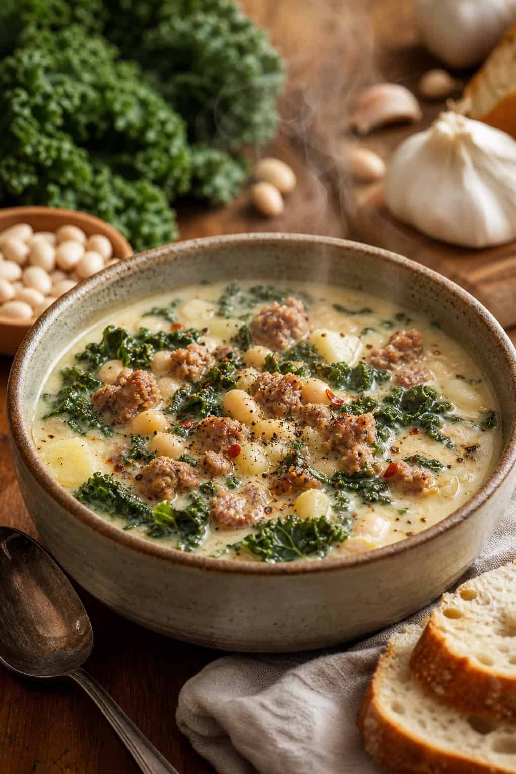 A bowl of Zuppa Toscana soup with kale and white beans on a wooden table surrounded by fresh ingredients and bread.