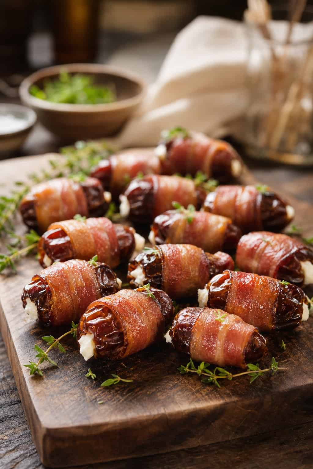 A platter of bacon-wrapped dates stuffed with goat cheese, garnished with fresh herbs on a wooden board.