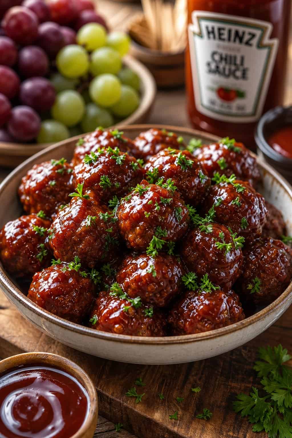 A bowl of BBQ meatballs coated in sauce with parsley garnish on a wooden table, accompanied by small bowls of sauce and grapes.