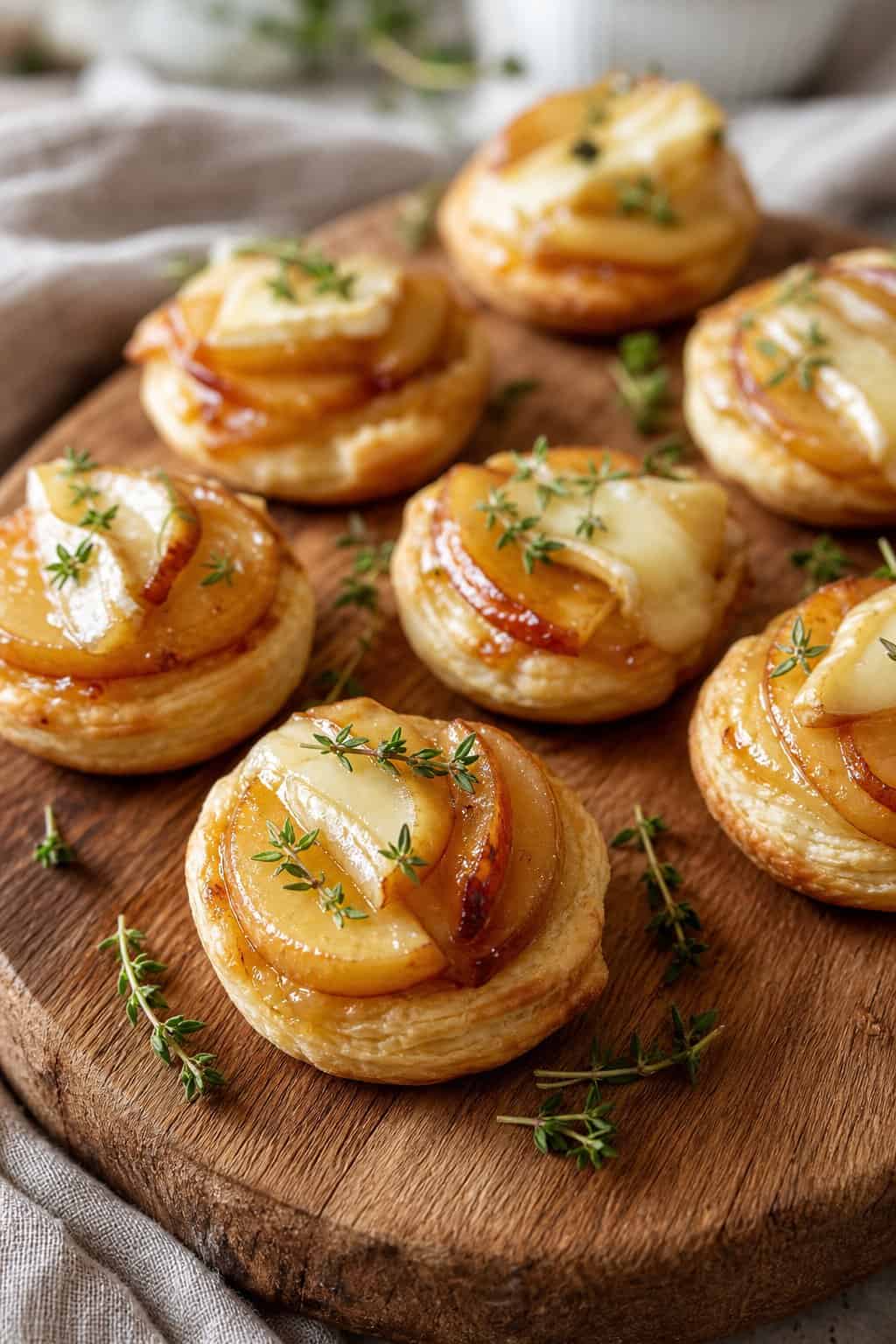 Close-up of bite-sized Brie and apple puff pastry appetizers on a wooden board with herbs around them.