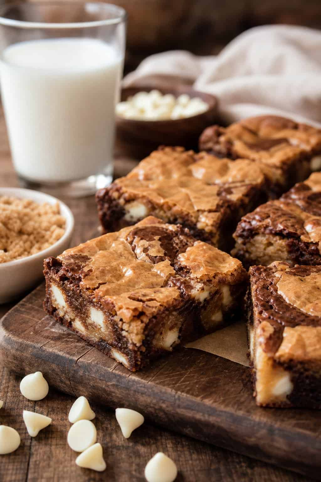 Square pieces of brownie-blondie dessert with visible white chocolate chunks and brown sugar on a wooden table, with a bowl of brown sugar and white chocolate chips nearby.