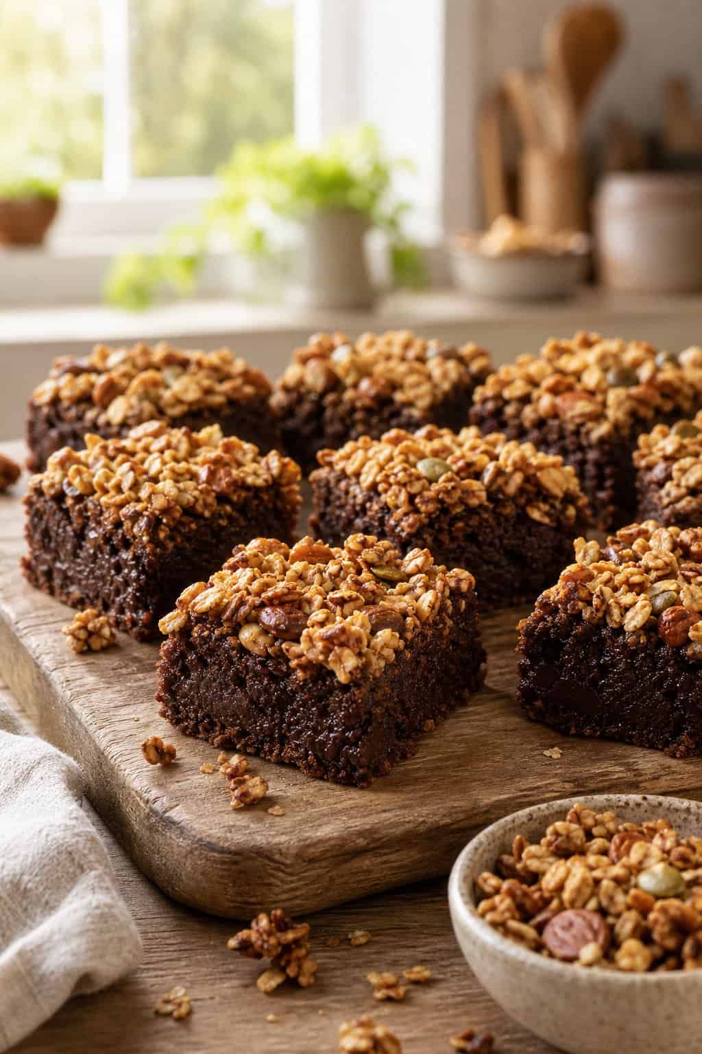 A close-up of square brownie bars topped with granola arranged on a wooden board with a bowl of granola nearby in a kitchen setting.