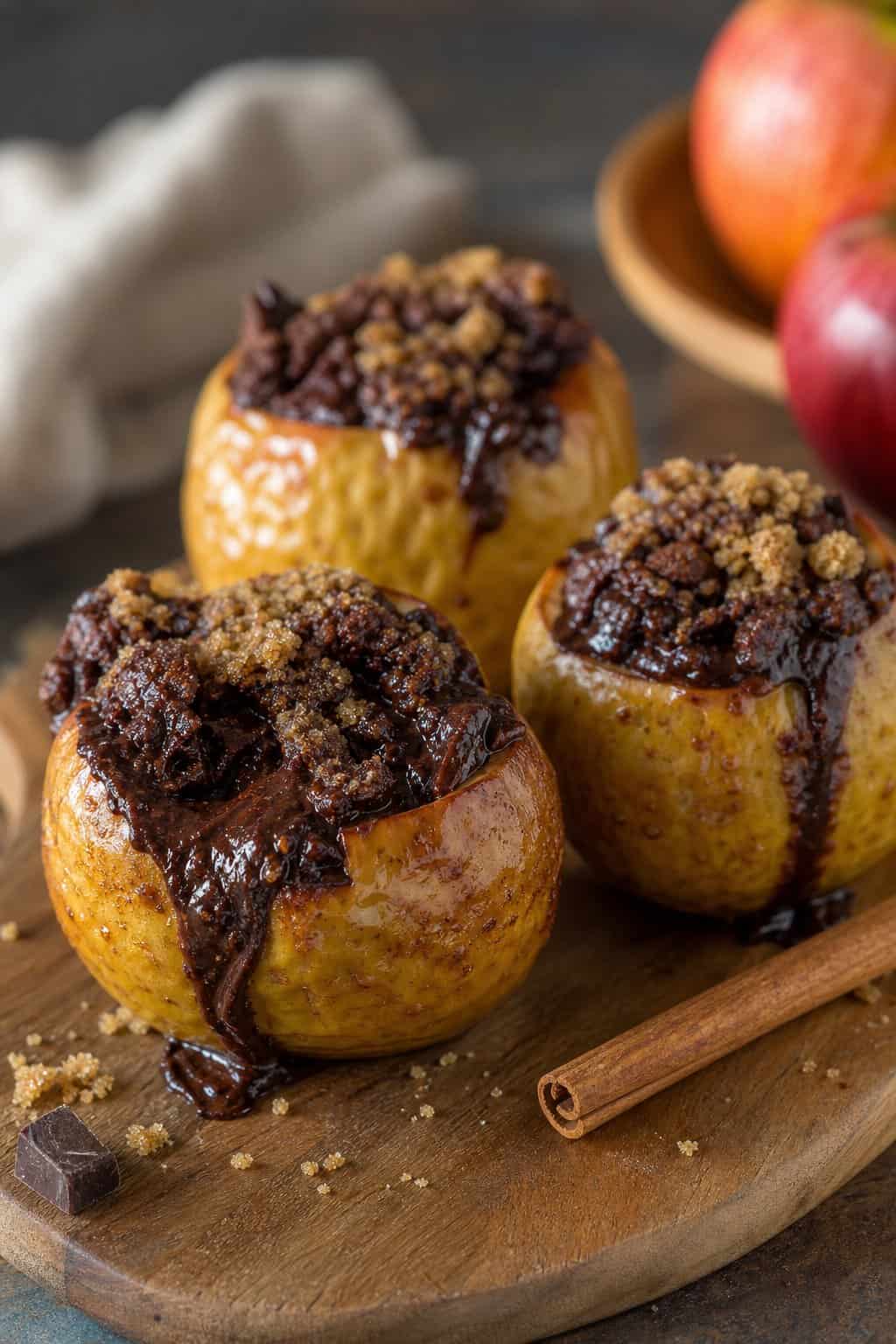 Baked apples stuffed with melted brownie filling and brown sugar on a wooden board with cinnamon sticks.