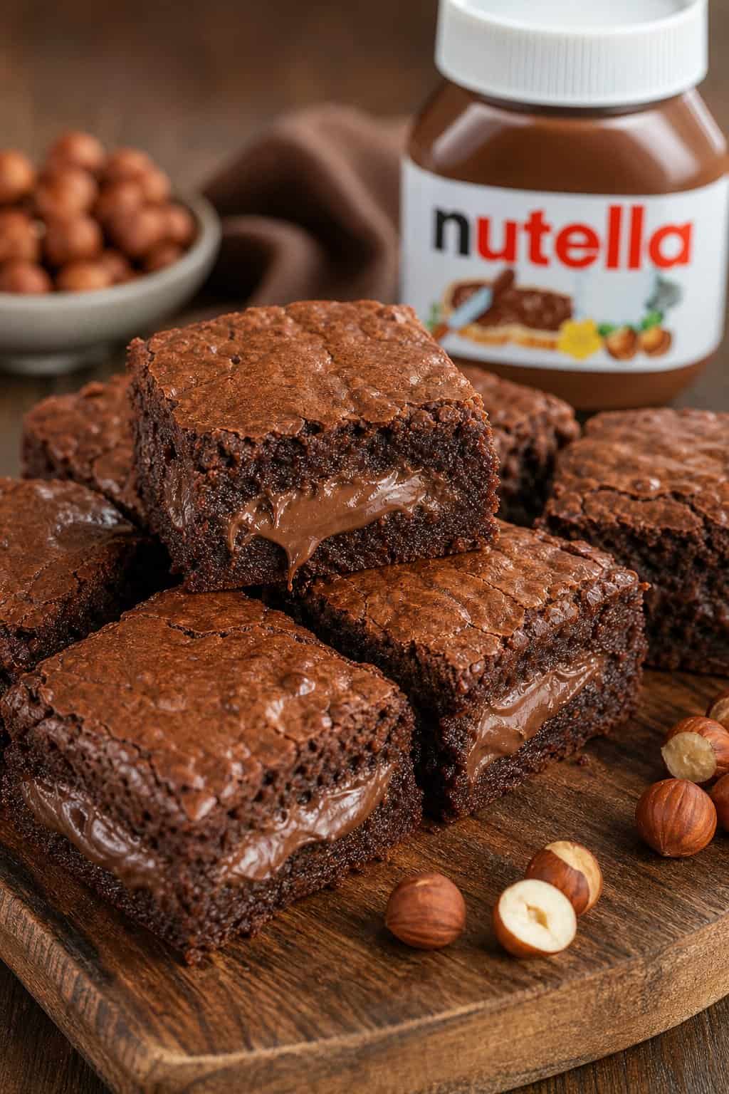 Close-up of brownies stuffed with Nutella, cut into squares and arranged on a wooden board with hazelnuts and a jar of Nutella nearby.
