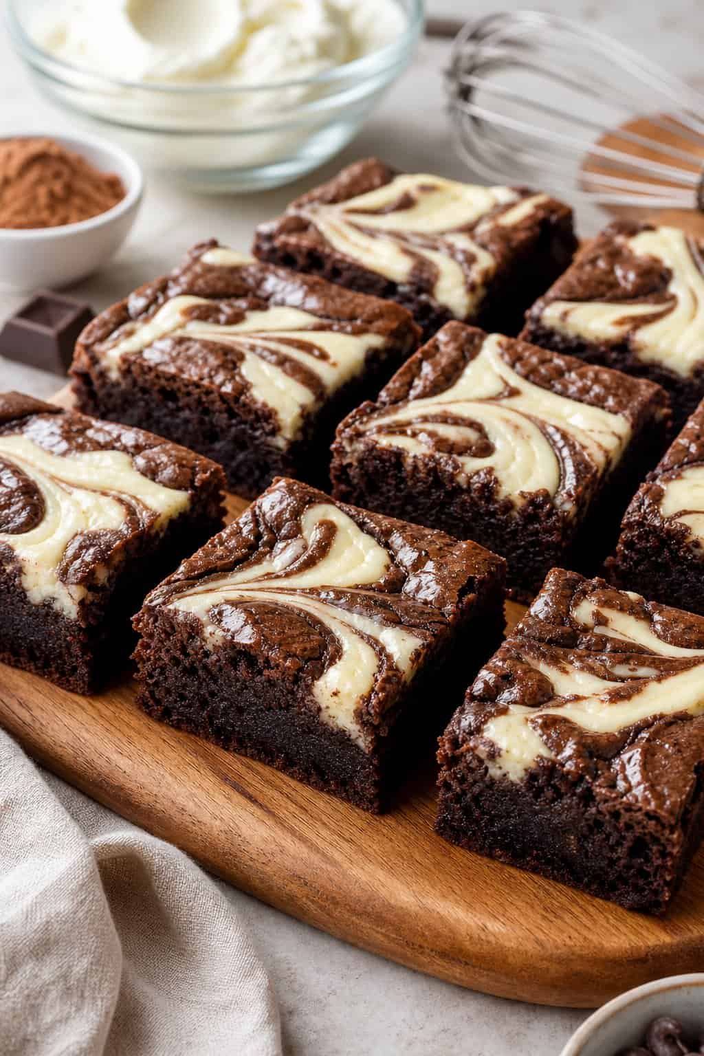 22 Recipes That Start With Brownie Mix 13 Close-up of brownie cheesecake swirl bars on a wooden board with baking ingredients in the background.