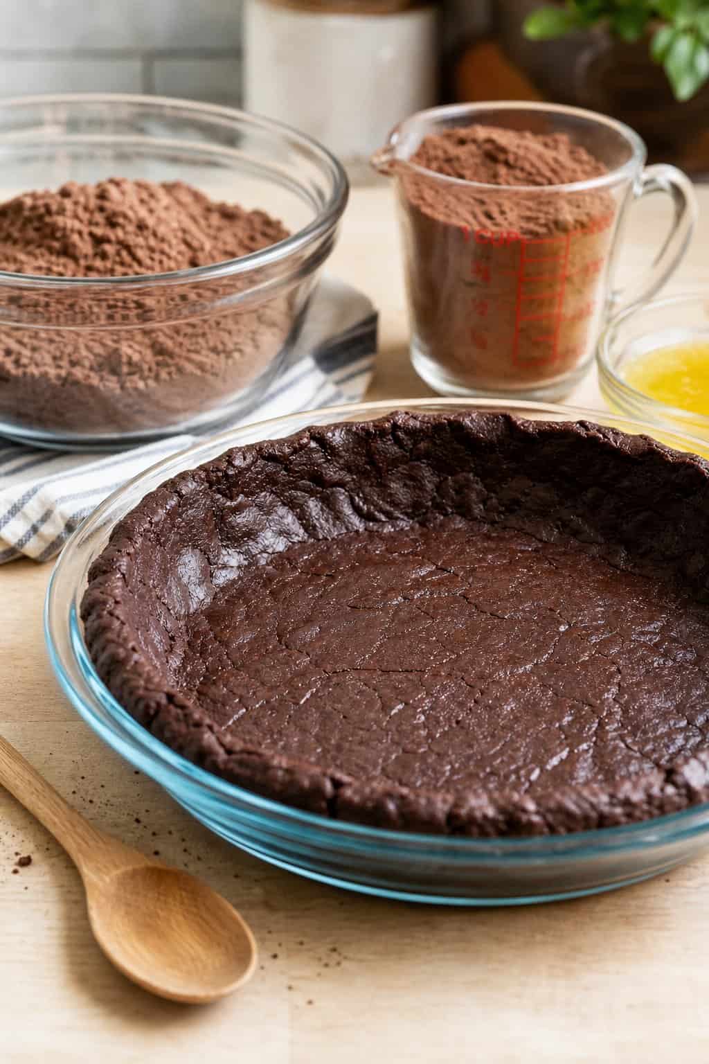 A chocolate brownie mix pie crust in a glass pie dish surrounded by baking ingredients on a wooden countertop.