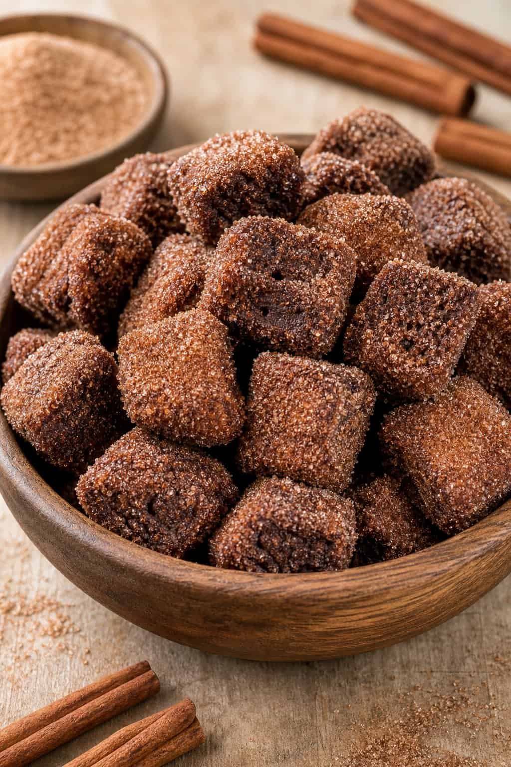 22 Recipes That Start With Brownie Mix 15 A bowl of cinnamon sugar coated brownie mix churro bites on a wooden surface with cinnamon sticks and sugar nearby.