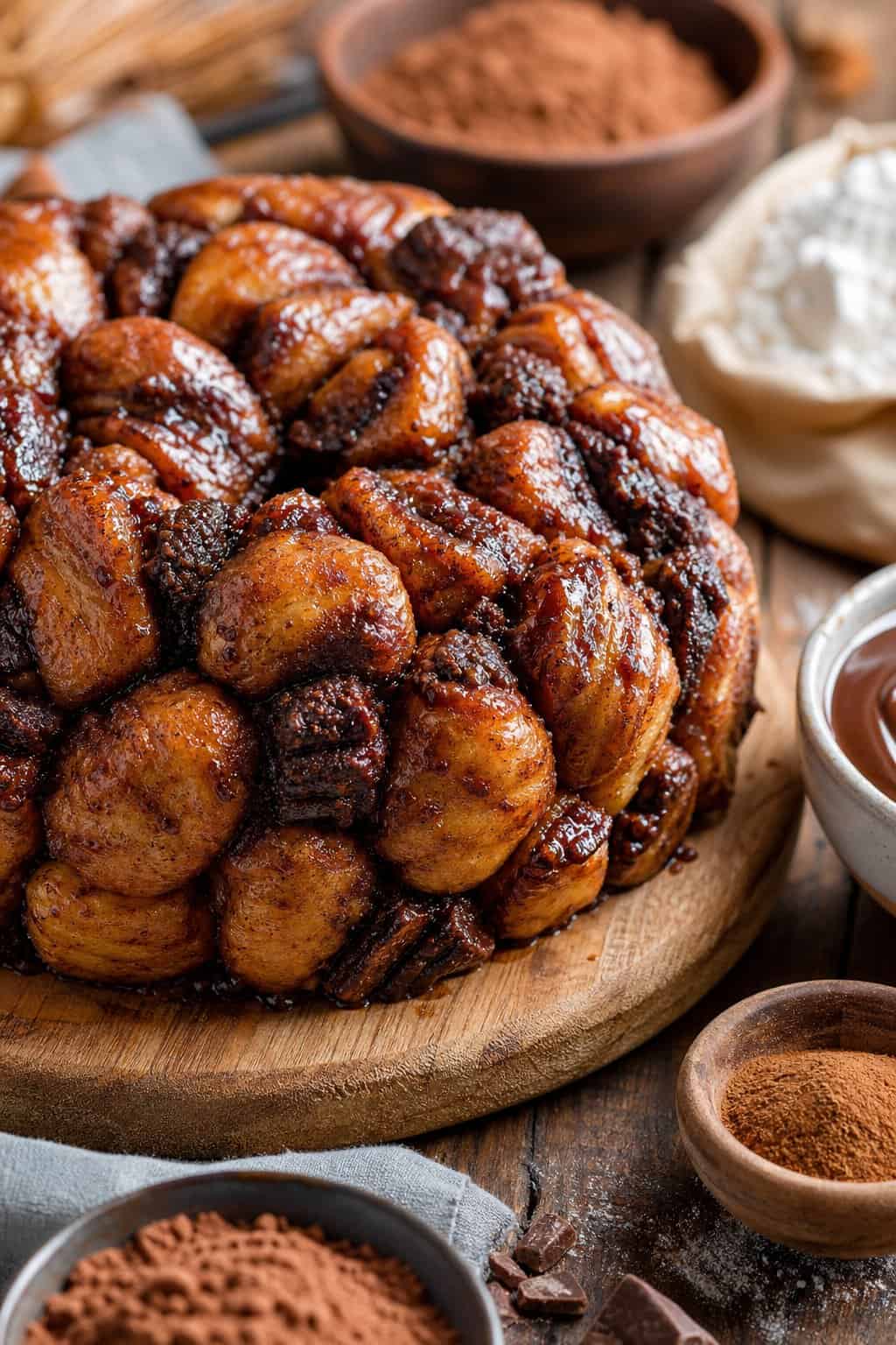 22 Recipes That Start With Brownie Mix 4 A freshly baked monkey bread made with brownie mix and cinnamon rolls on a wooden board, surrounded by baking ingredients.
