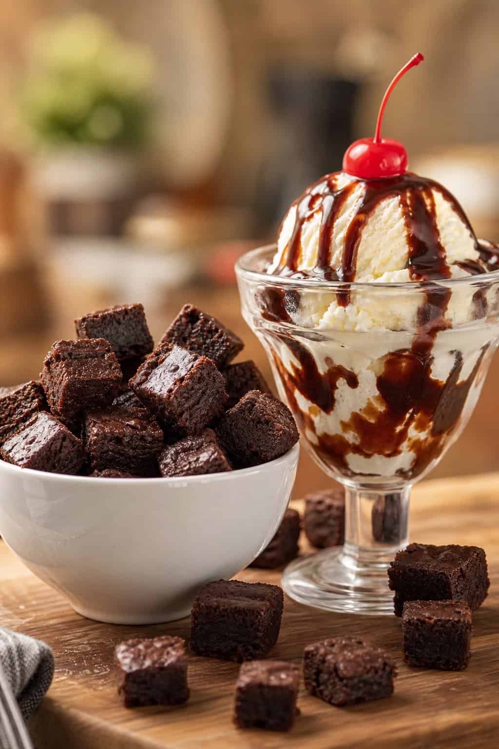 A bowl of fudgy brownie croutons next to an ice cream sundae topped with chocolate syrup and a cherry on a wooden surface.