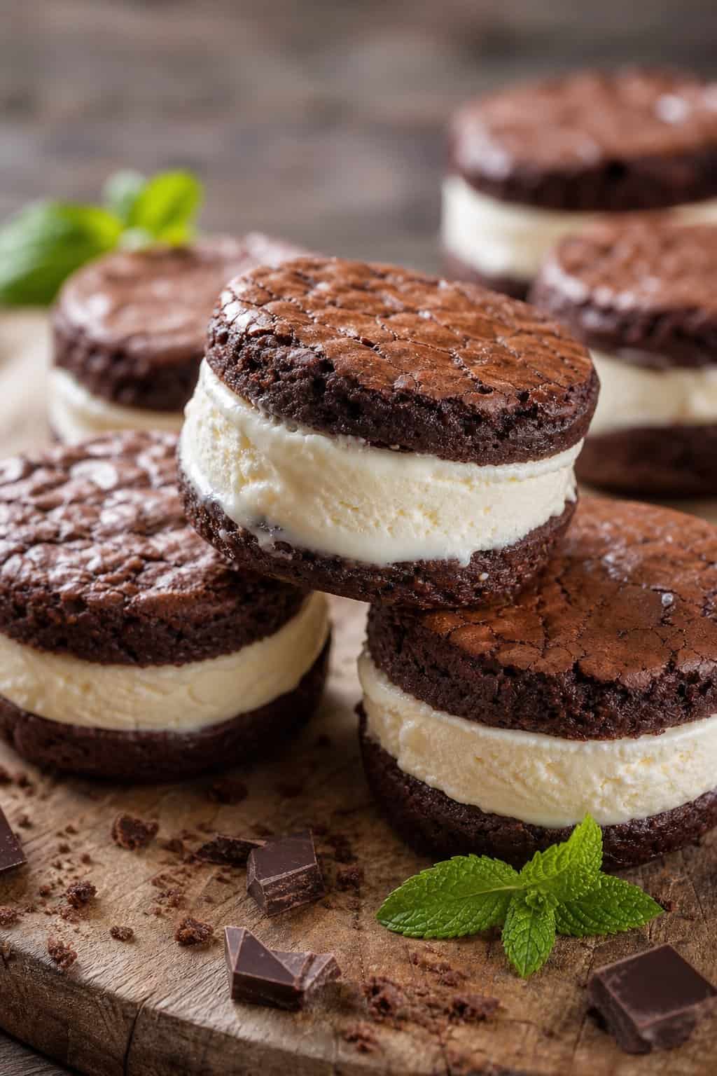 Close-up of brownie ice cream sandwich cookies on a wooden board with mint leaves and chocolate chunks nearby.