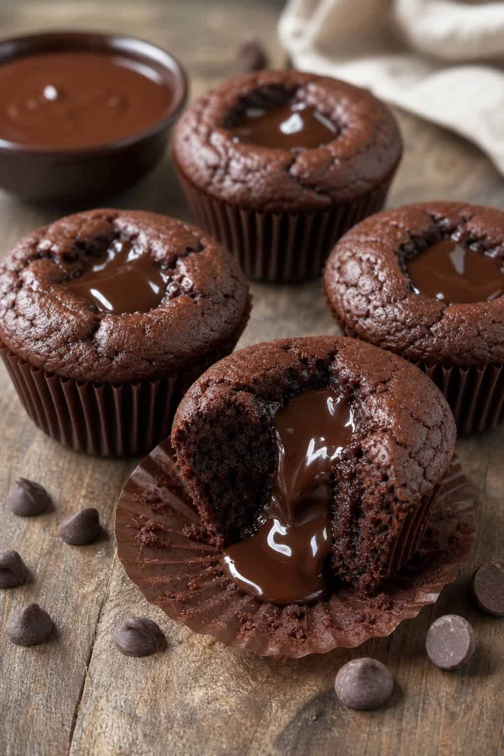 Close-up of several brownie lava cupcakes with melted chocolate centers on a wooden surface.