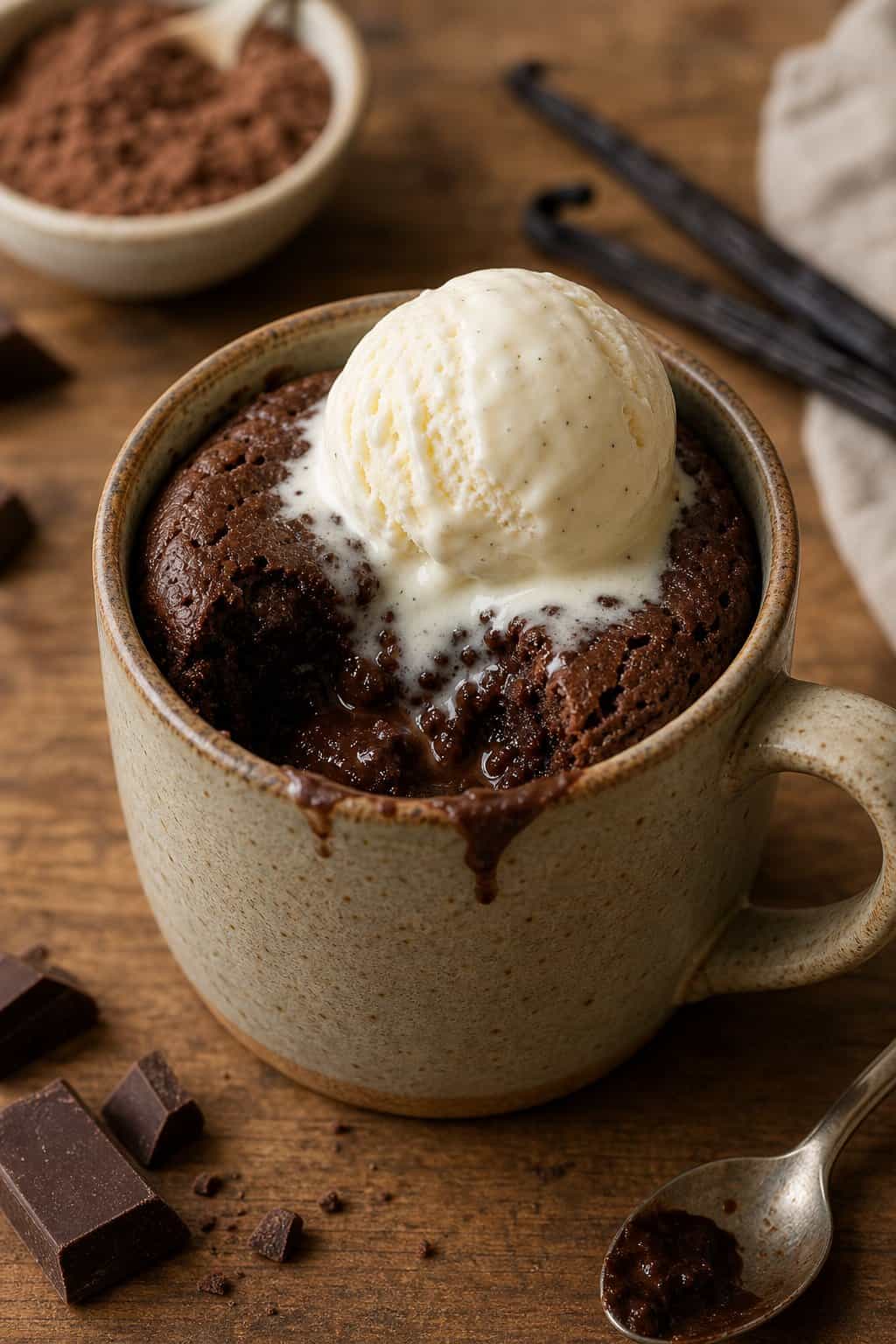 A mug filled with molten brownie topped with melting vanilla bean ice cream on a wooden table.