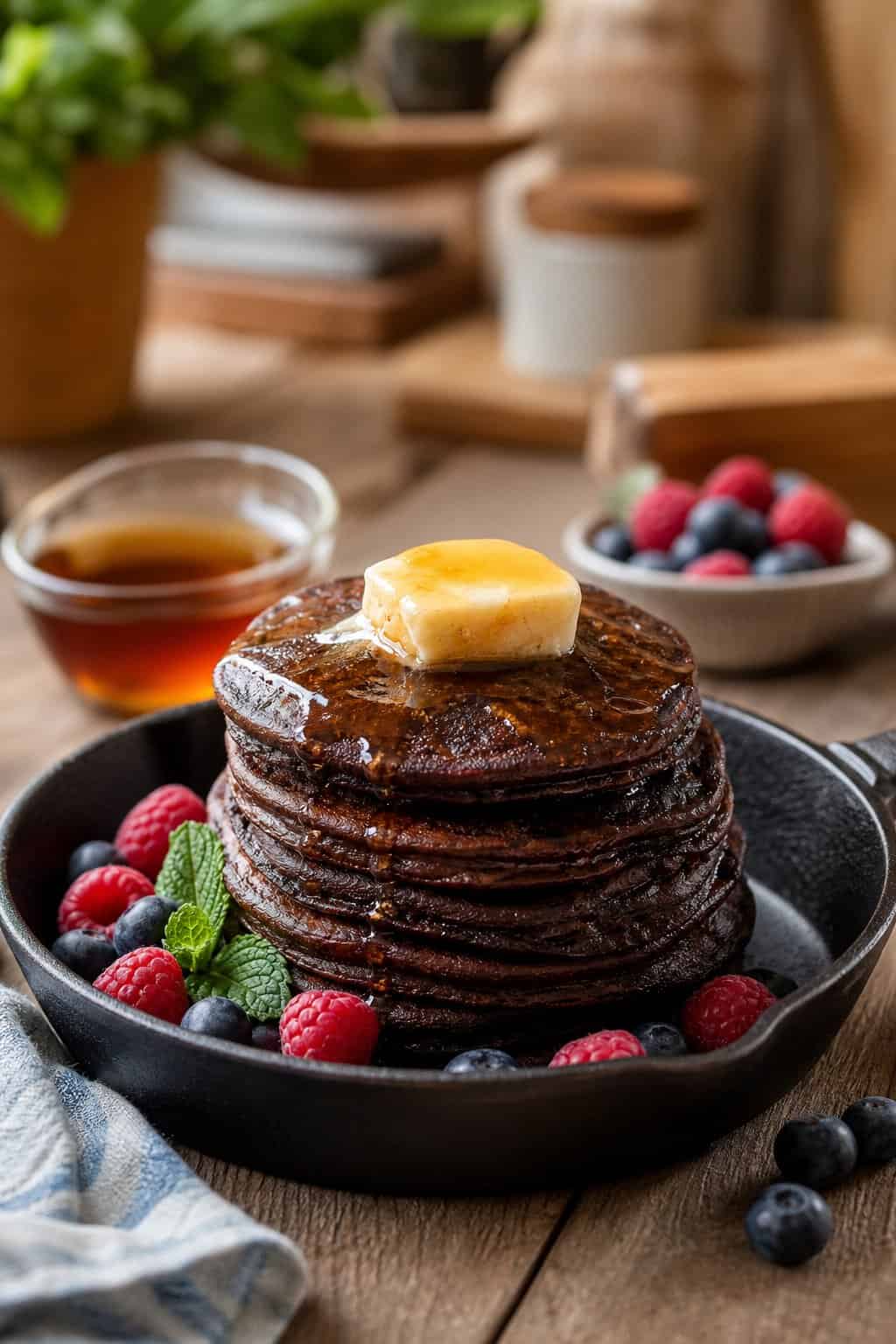A skillet with stacked brownie mix pancakes topped with melting maple butter, surrounded by bowls of maple syrup and fresh berries on a wooden table.